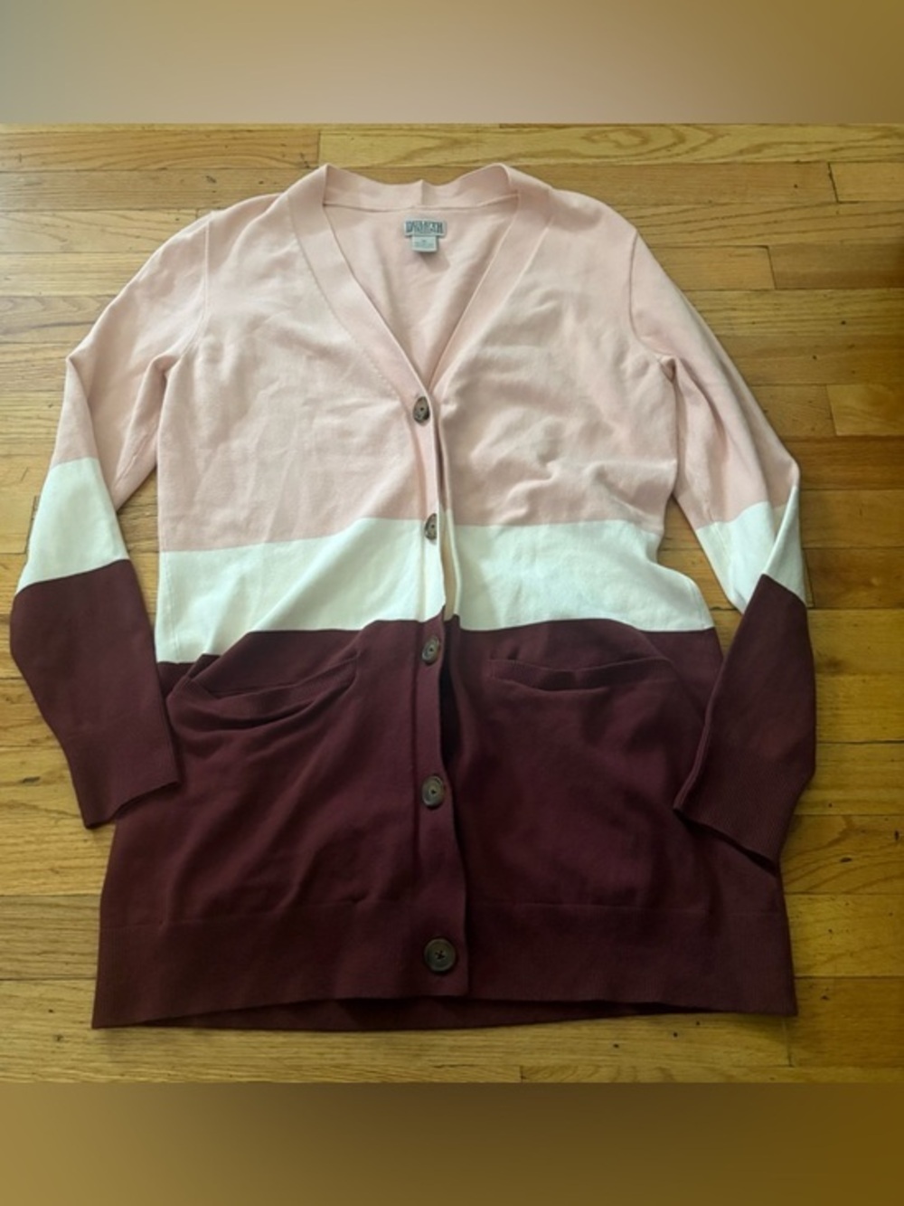 Duluth Trading Colorblock Cardigan Pink Cream Burgundy Button Front Cozy Size M